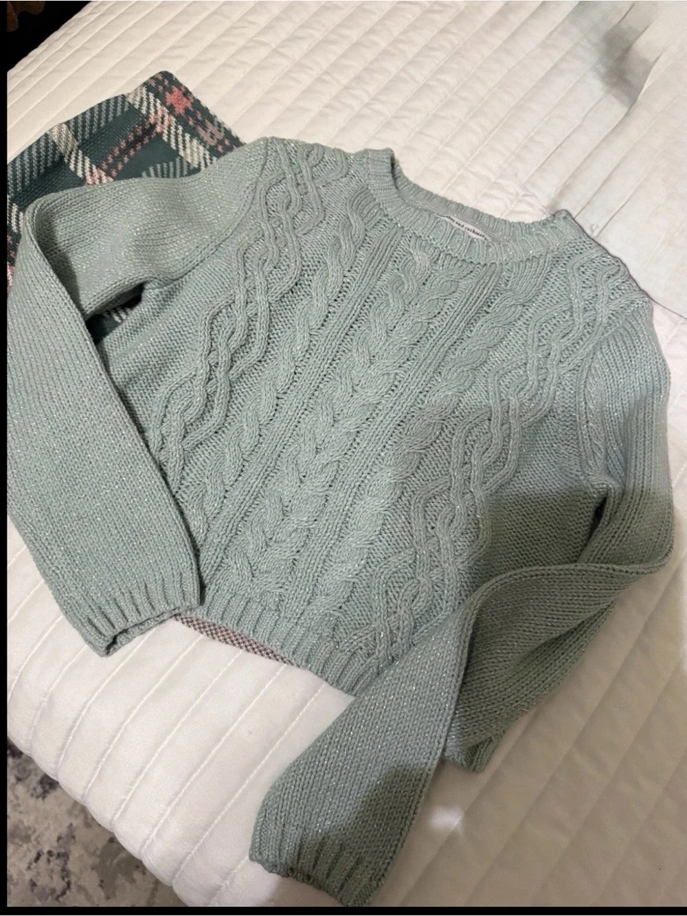 cupcakes & cashmere Sage Green Cable-Knit Sweater and Plaid Skirt Set
